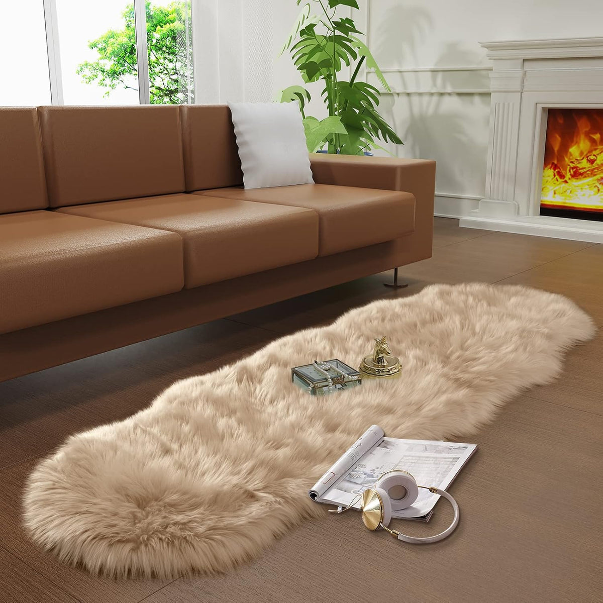 Tangsoo 2x6 Beige Faux Fur Rug,Soft Sheepskin Fluffy Runner Rug for Bedroom