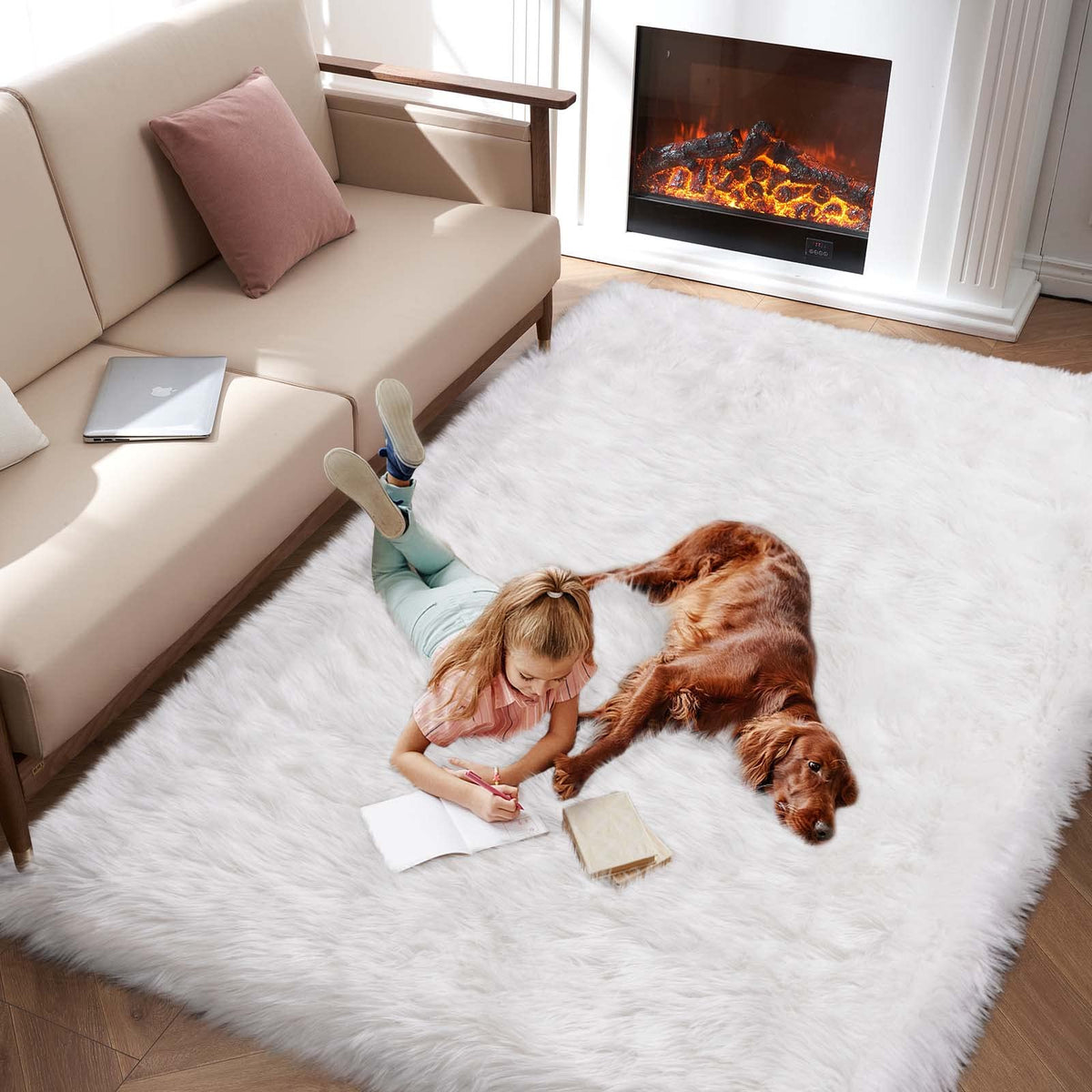 Tangsoo 2x6 Beige Faux Fur Rug,Soft Sheepskin Fluffy Runner Rug for Bedroom