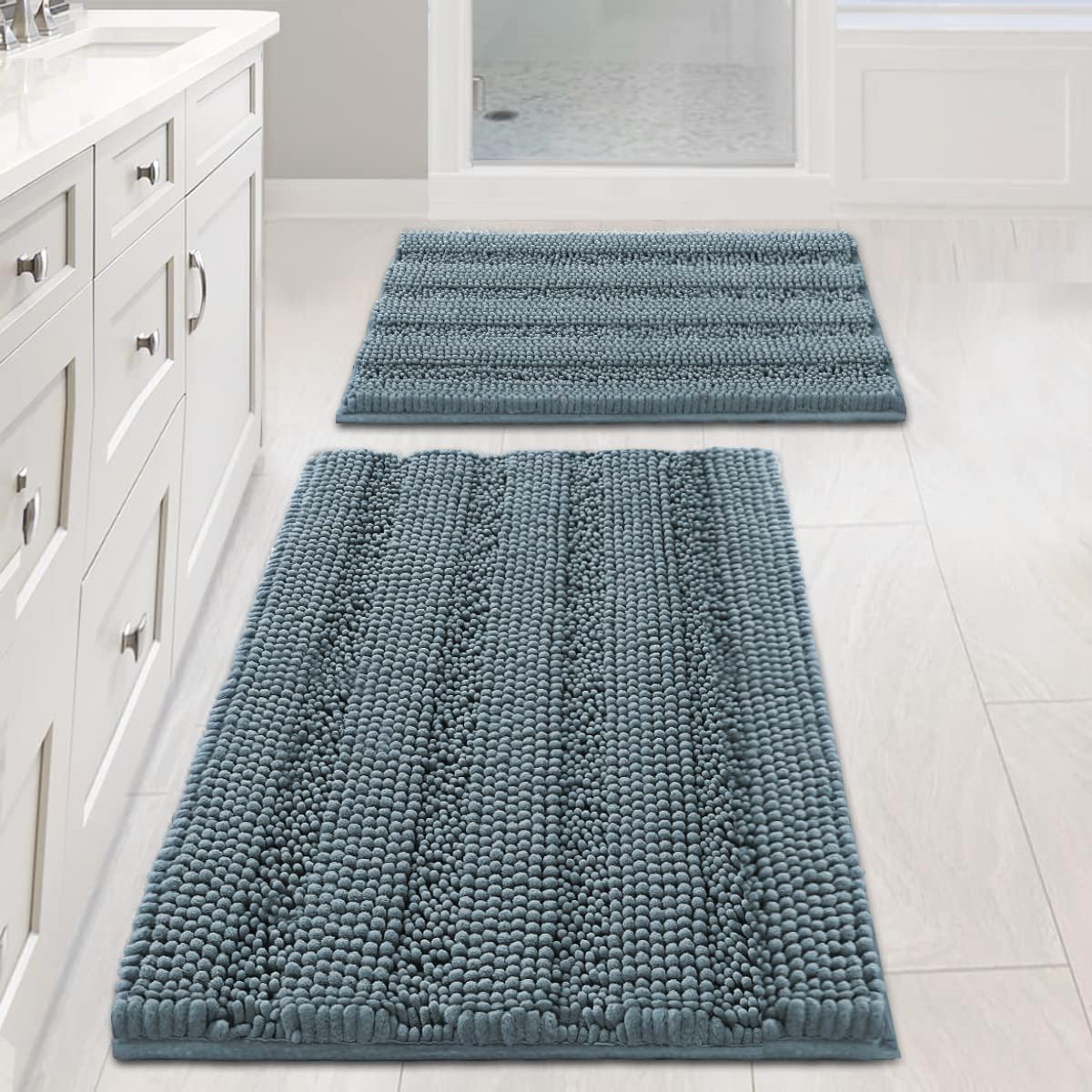 H.VERSAILTEX Bathroom Rugs Bath Rug Set 2 Piece Bathroom Contour Rug Toilet Mat Sets Non Slip Contour Bath Rug Ultra Thick Water Absorbent Striped Bath Mats Washable(47" x 17" Plus 20" x 20" U, Cream)