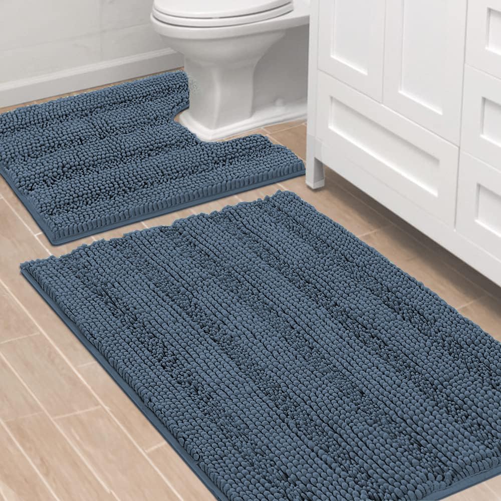 H.VERSAILTEX Bathroom Rugs Bath Rug Set 2 Piece Bathroom Contour Rug Toilet Mat Sets Non Slip Contour Bath Rug Ultra Thick Water Absorbent Striped Bath Mats Washable(47" x 17" Plus 20" x 20" U, Cream)
