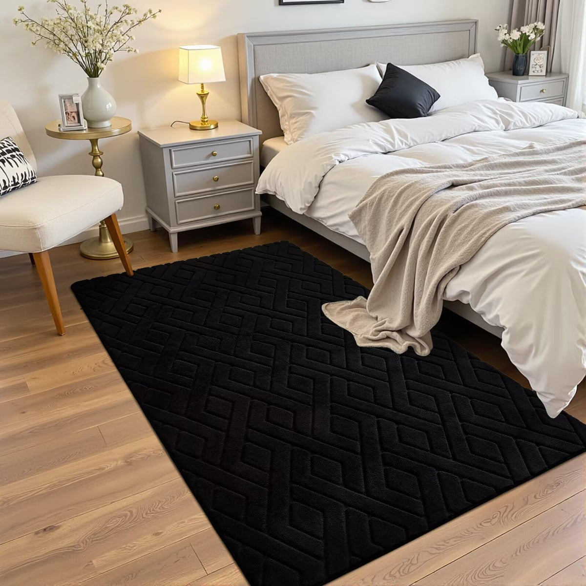 Grey Fluffy Area Rug for Bedroom, 3x5 Geometric Shag Rugs