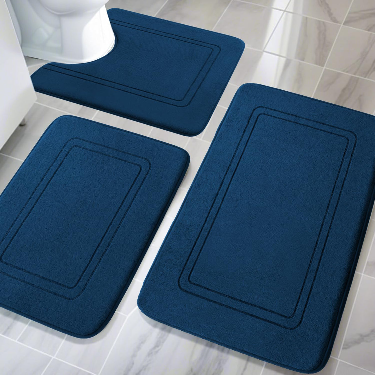 YIHOUSE Memory Foam Bath Mat Set, Non Slip Bath Mats, Super Soft and Water Absorbent, Machine Washable U Shape Toilet Mats, Dark Blue