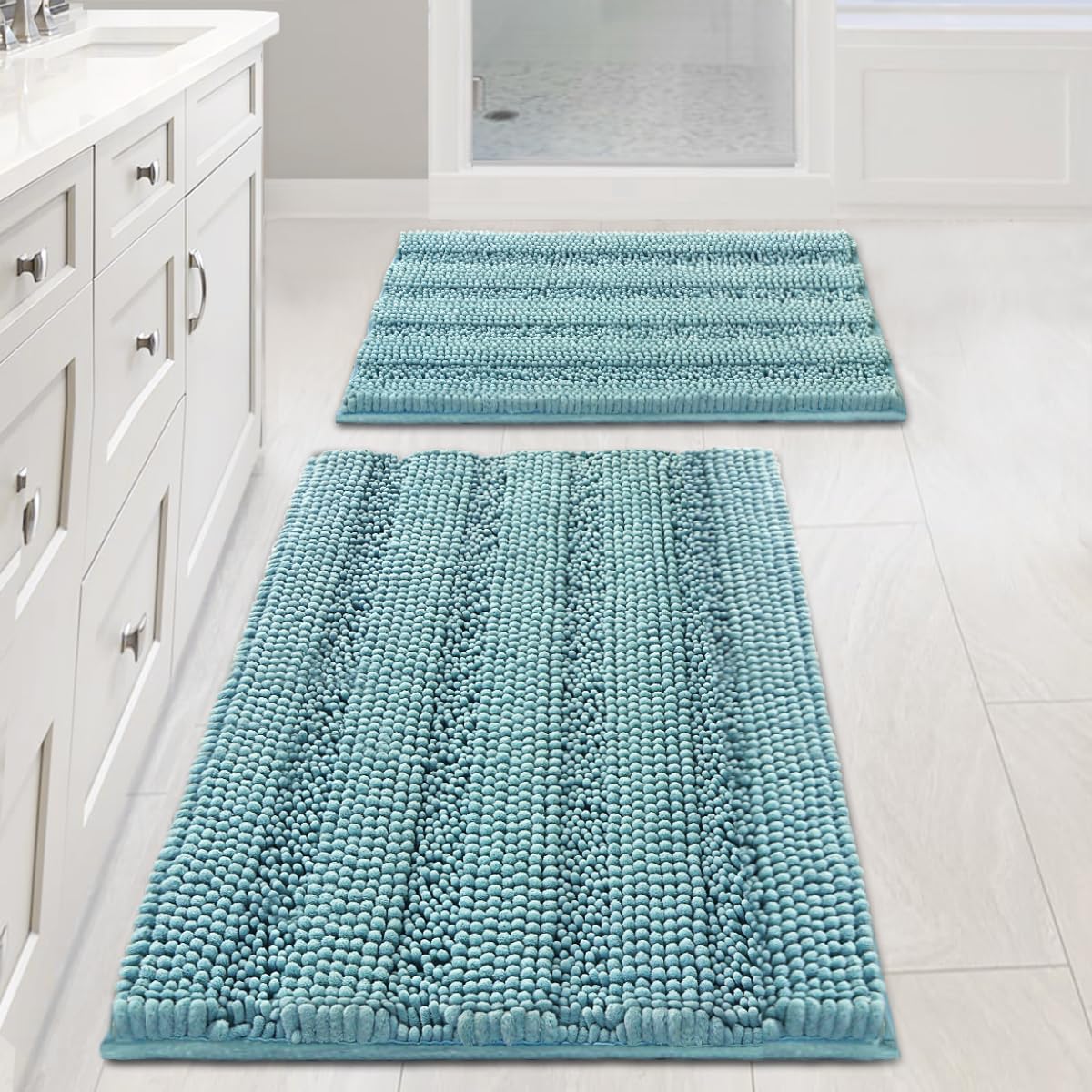 H.VERSAILTEX Bathroom Rugs Bath Rug Set 2 Piece Bathroom Contour Rug Toilet Mat Sets Non Slip Contour Bath Rug Ultra Thick Water Absorbent Striped Bath Mats Washable(47" x 17" Plus 20" x 20" U, Cream)