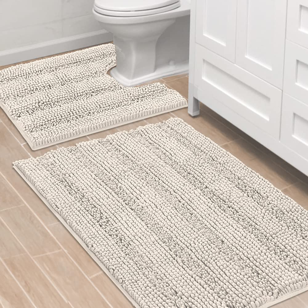 H.VERSAILTEX Bathroom Rugs Bath Rug Set 2 Piece Bathroom Contour Rug Toilet Mat Sets Non Slip Contour Bath Rug Ultra Thick Water Absorbent Striped Bath Mats Washable(47" x 17" Plus 20" x 20" U, Cream)