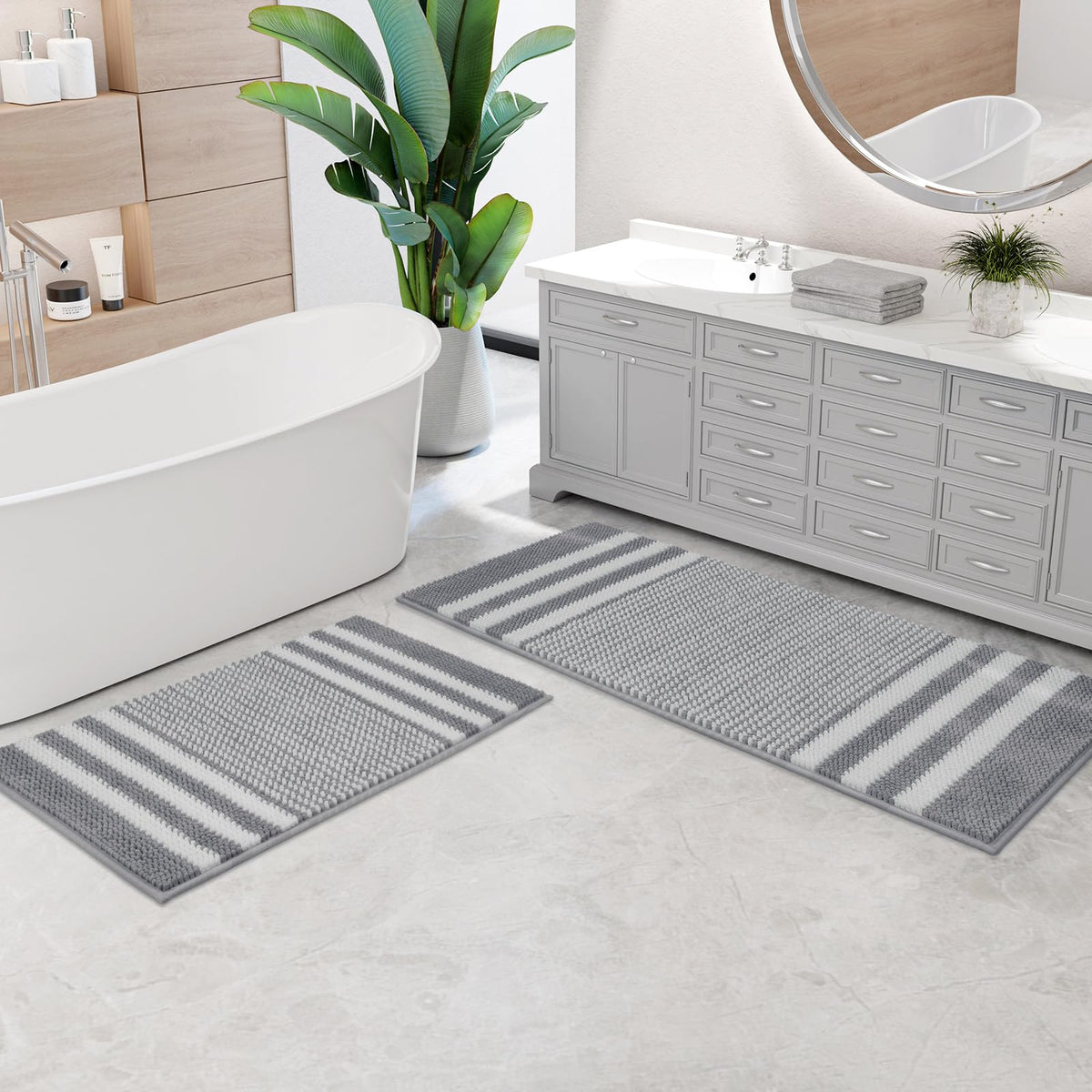 BSICPRO Bathroom Rugs Sets 2 Piece, Non Slip Boho Bath Mats, Beige