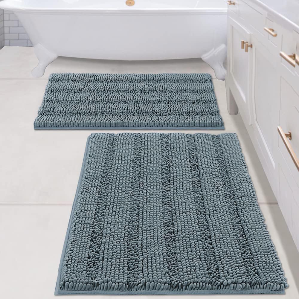 H.VERSAILTEX Bathroom Rugs Bath Rug Set 2 Piece Bathroom Contour Rug Toilet Mat Sets Non Slip Contour Bath Rug Ultra Thick Water Absorbent Striped Bath Mats Washable(47" x 17" Plus 20" x 20" U, Cream)