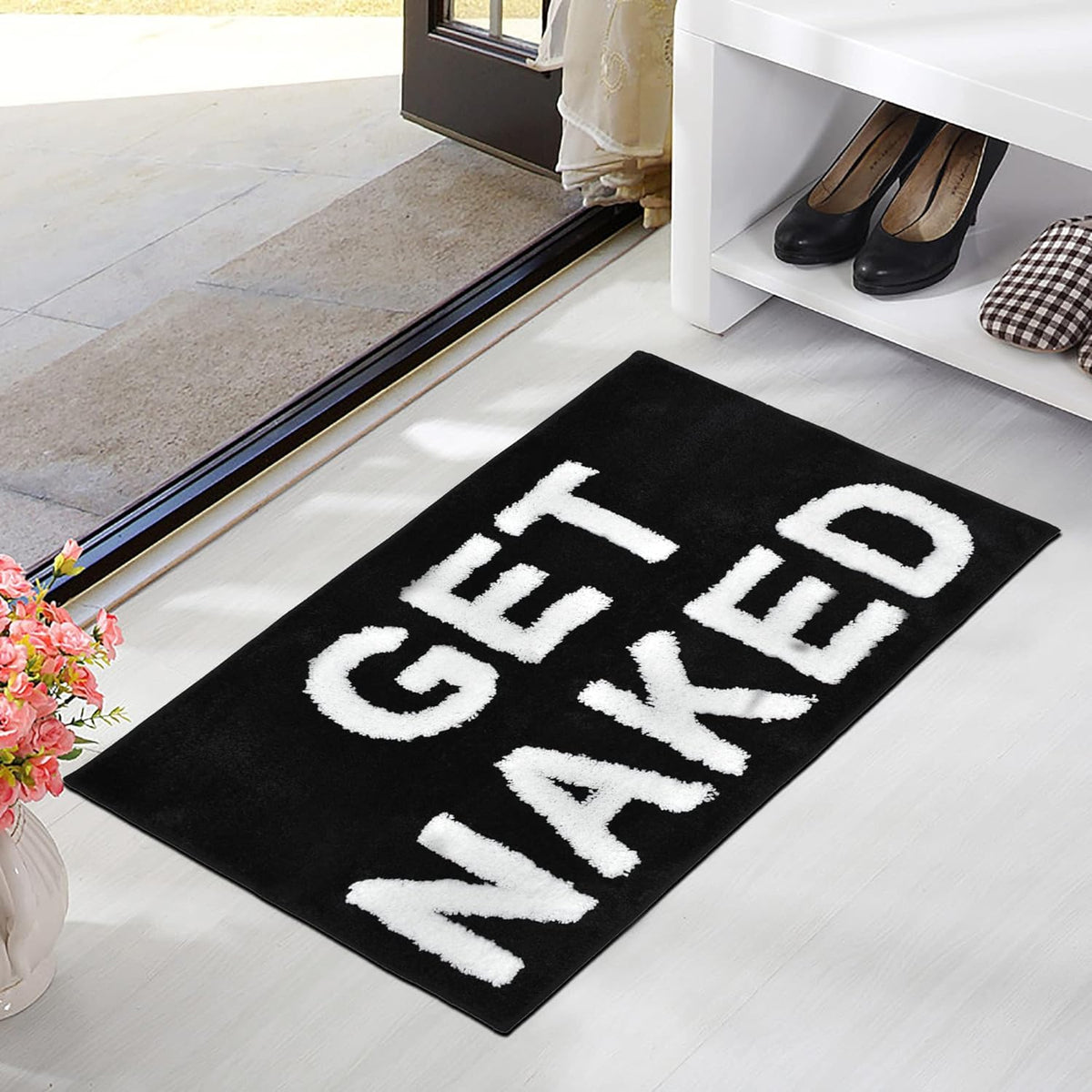 Black Get Naked Bath Mat, Long Runner Mat for Bathroom, Cute Fun Simple Bath Rug, Water Absorbent Non-Slip Microfiber Mat, 18"x47"