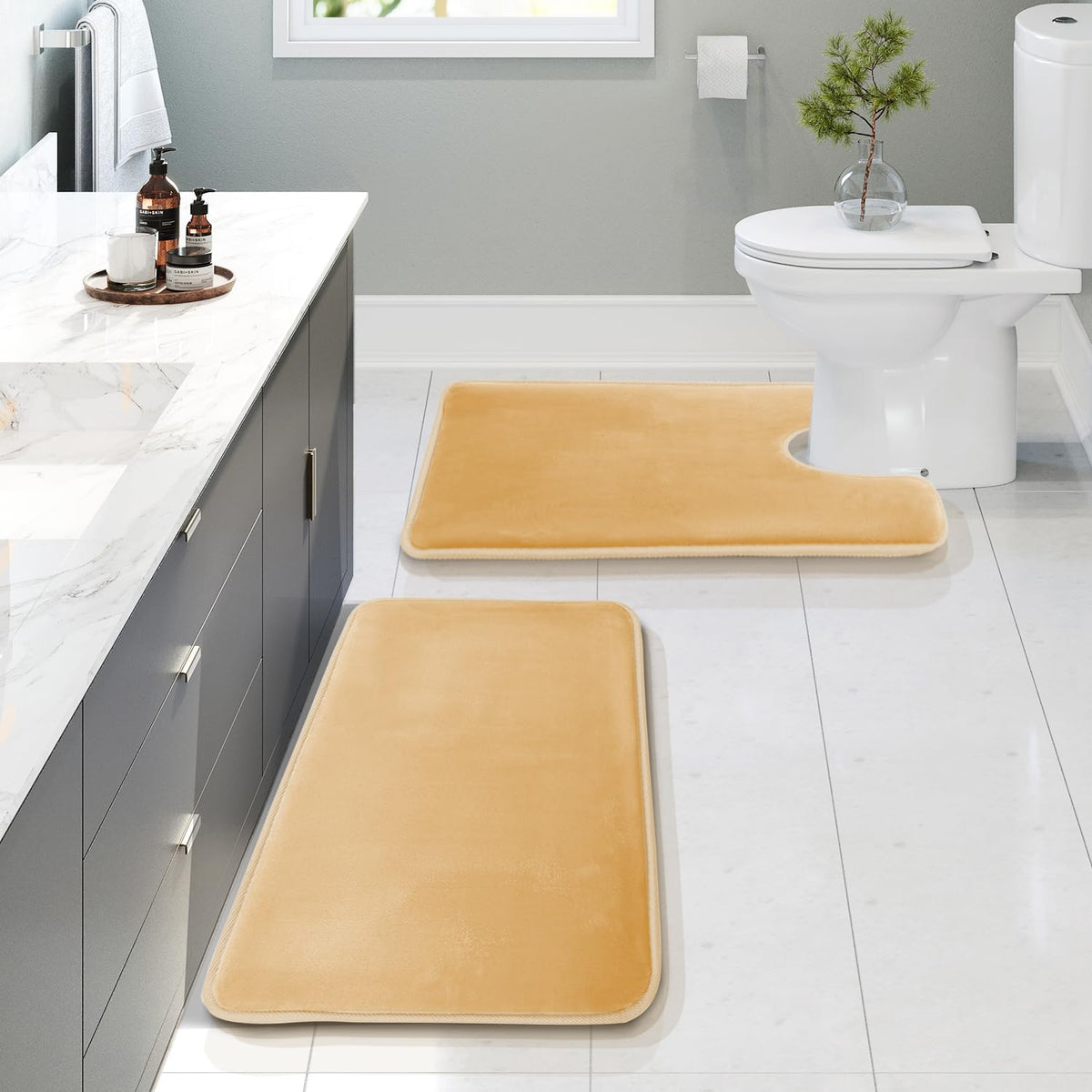 Clara Clark 3 Piece Bathroom Rugs Bath Mat Set, Velvet Memory Foam Bath Mats for Bathroom - Non-Slip, PVC Backing Bath Rugs, Washable - Dries Quickly, Grey