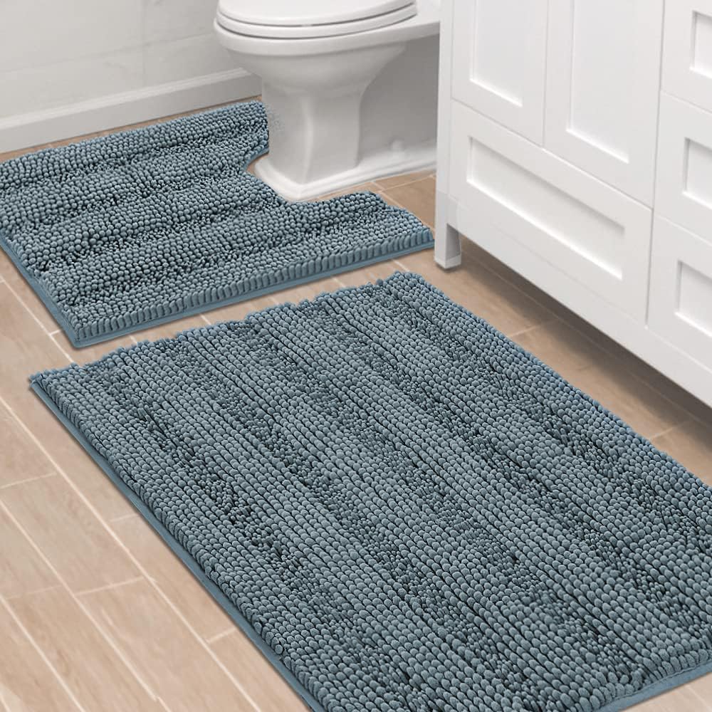 H.VERSAILTEX Bathroom Rugs Bath Rug Set 2 Piece Bathroom Contour Rug Toilet Mat Sets Non Slip Contour Bath Rug Ultra Thick Water Absorbent Striped Bath Mats Washable(47" x 17" Plus 20" x 20" U, Cream)