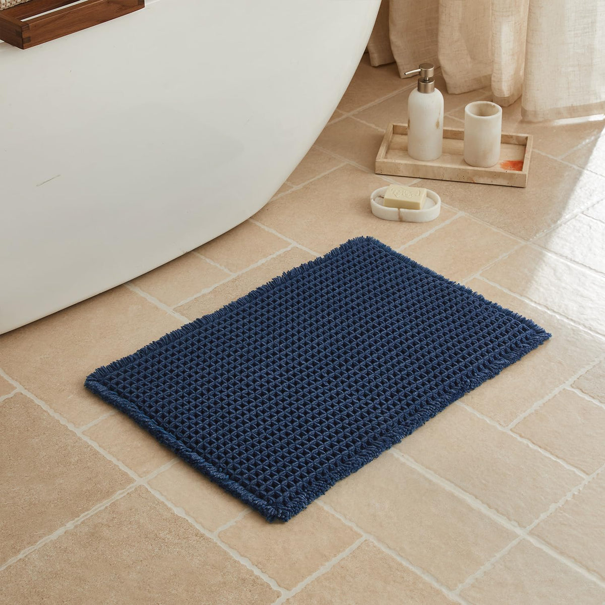 Triohero Waffle Bath Mat, Small Boho Bathroom Rugs Non Slip, 16x24 Khaki