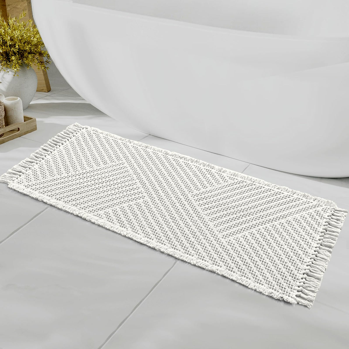 H.VERSAILTEX Waffle Bath Mat Super Absorbent Boho Bath Mat Non Slip Bath Rugs for Bathroom Floor Machine Washable Dry Fast Bathroom Rugs with Tassels, 24" x 36", Ivory White