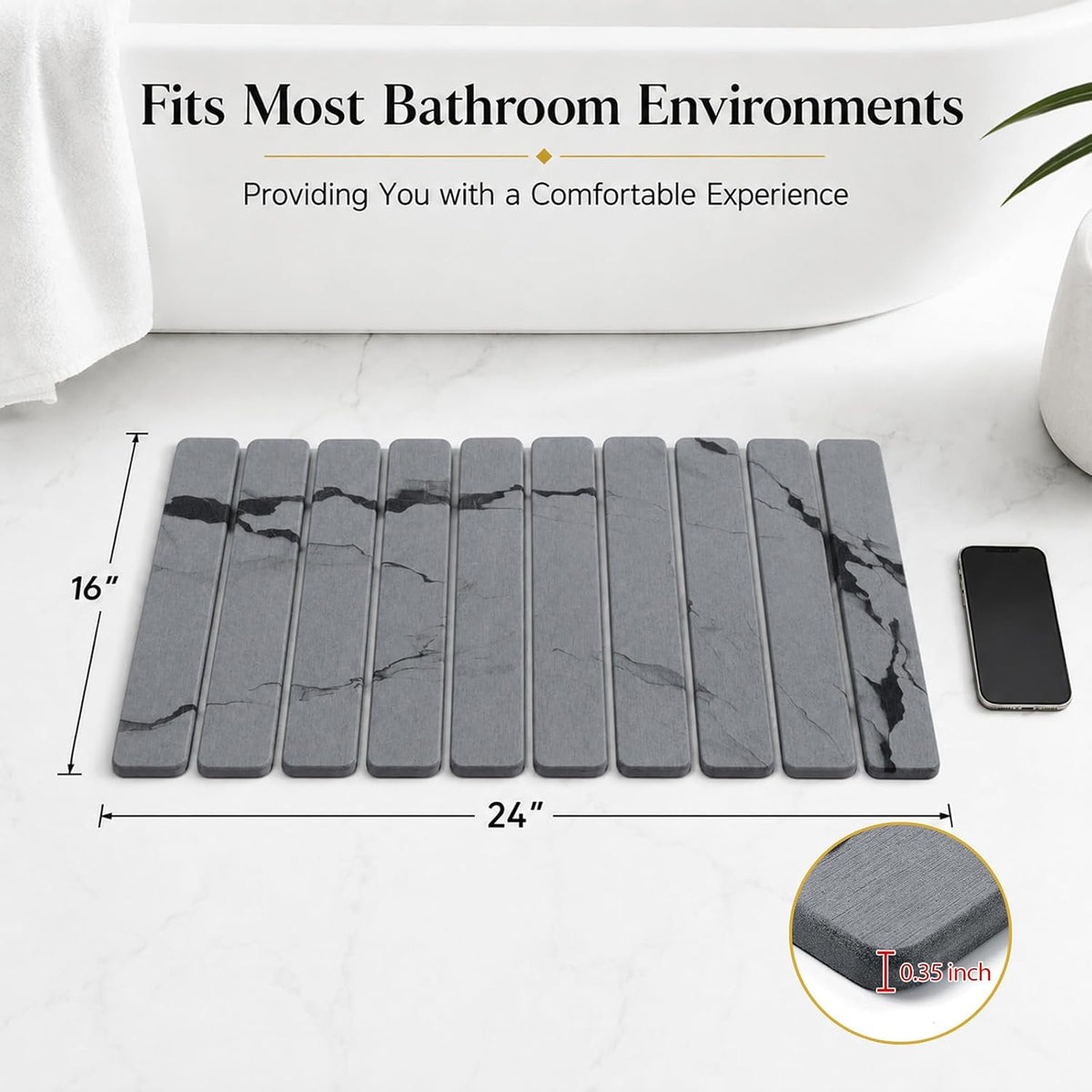 Foldable Stone Bath Mat, Non Slip Large Diatomaceous Shower Mat, Super Absorbent Quick Drying Stone Mat for Bathroom Kitchen Floor Counter Sink ,Easy to Clean & Store (Dark Gray 24"×16")