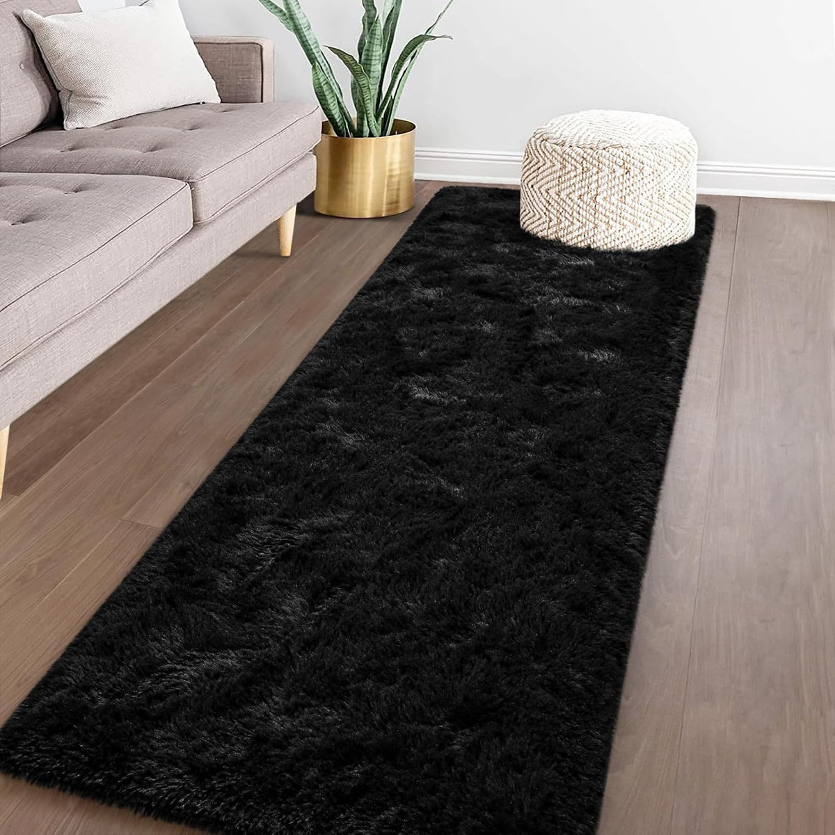 TWINNIS Super Soft Shaggy Runner Rugs Fluffy Carpets, 2x6 Feet, Indoor Modern Plush Area Rugs for Hallway Living Room Bedroom Kitchen Entryway, Upgrade Anti-Skid Rectangular Fuzzy Rug, Black