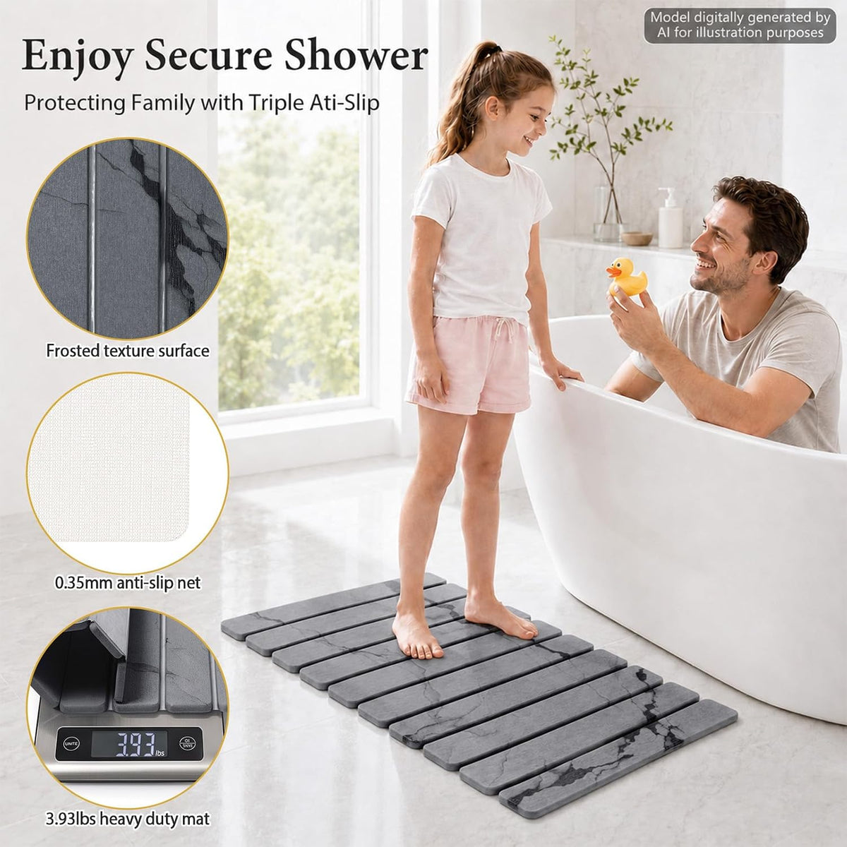 Foldable Stone Bath Mat, Non Slip Large Diatomaceous Shower Mat, Super Absorbent Quick Drying Stone Mat for Bathroom Kitchen Floor Counter Sink ,Easy to Clean & Store (Dark Gray 24"×16")