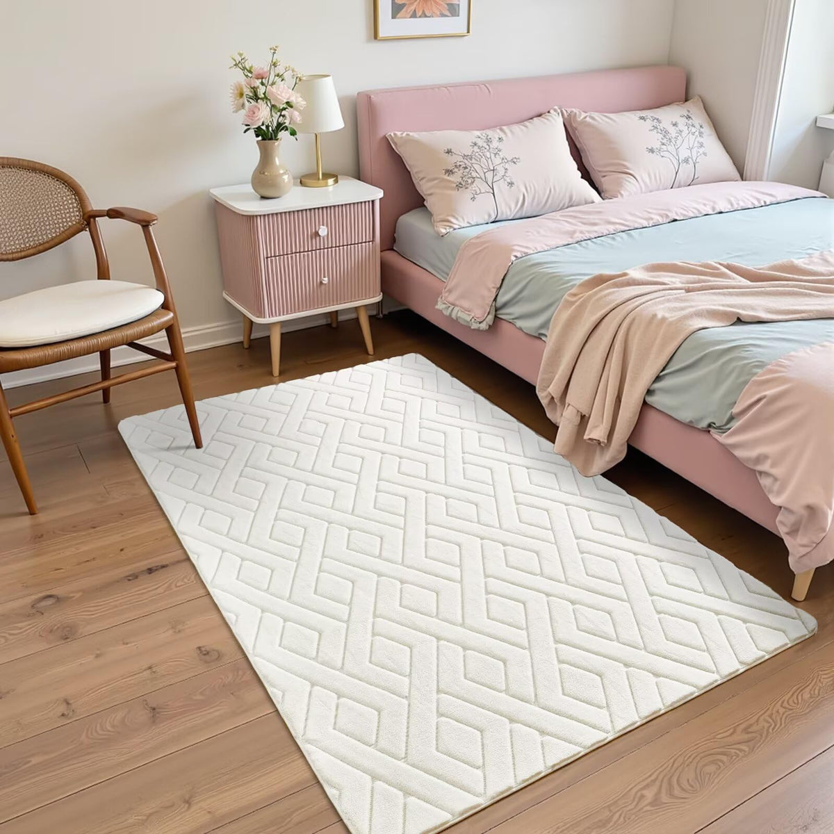 Grey Fluffy Area Rug for Bedroom, 3x5 Geometric Shag Rugs