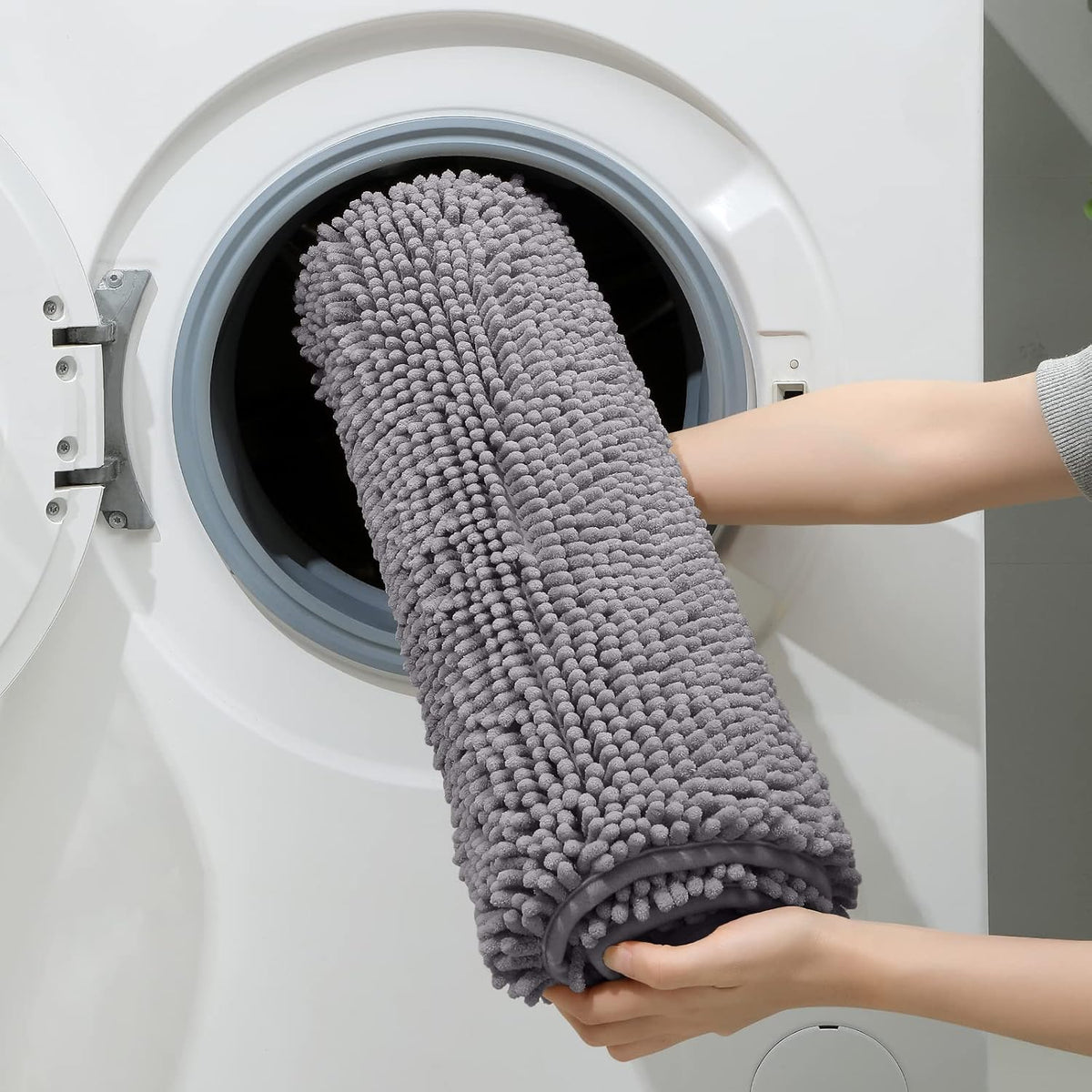 HOMEIDEAS Grey Chenille Bathroom Rugs Set of 3, Non Slip Bath Mat