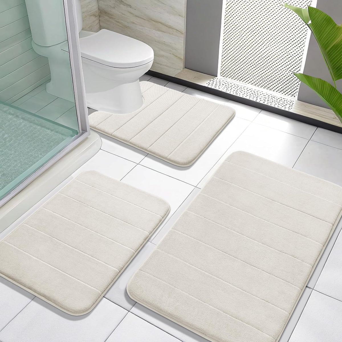 Yimobra Memory Foam Bath Mat Set 3 Pieces- Super Soft Absorbent Quick Dry Bathroom Rug Sets, Machine Washable Non Slip Floor Carpet for Tub Shower, Vanity & Toilet Base, Gray