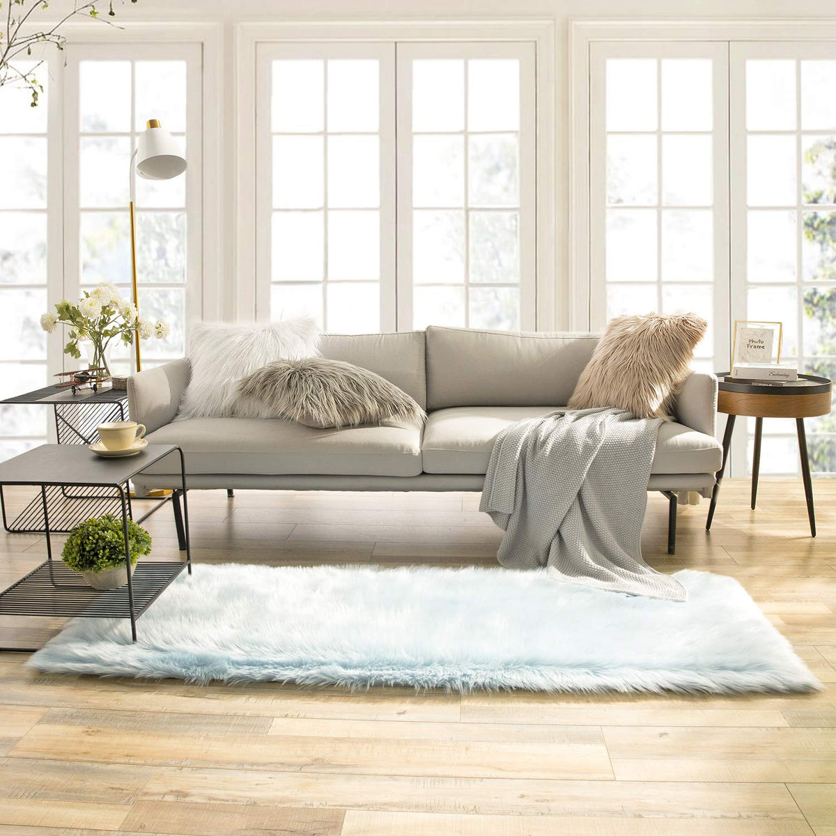 Ashler Faux Fur Rug, White, 2x3 Ft, Machine Washable