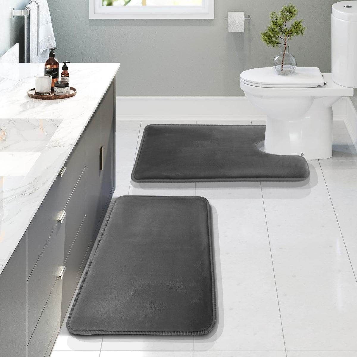 Clara Clark 3 Piece Bathroom Rugs Bath Mat Set, Velvet Memory Foam Bath Mats for Bathroom - Non-Slip, PVC Backing Bath Rugs, Washable - Dries Quickly, Grey