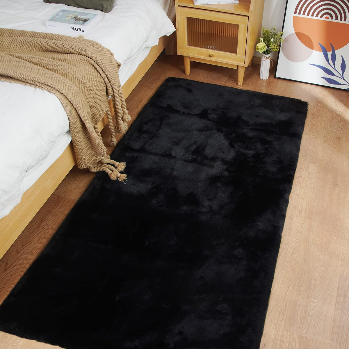 Ghouse Soft Faux Sheepskin Fur Rug 2x4 Black Fluffy Bedside Rugs Plush Rug Shag Nursery Carpet Area Rugs for Living Room Bedroom Playing Room Decor