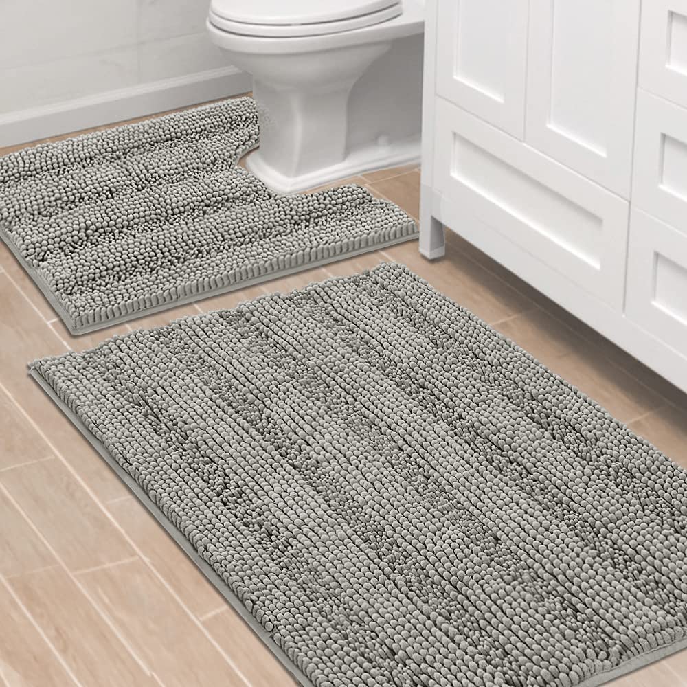 H.VERSAILTEX Bathroom Rugs Bath Rug Set 2 Piece Bathroom Contour Rug Toilet Mat Sets Non Slip Contour Bath Rug Ultra Thick Water Absorbent Striped Bath Mats Washable(47" x 17" Plus 20" x 20" U, Cream)