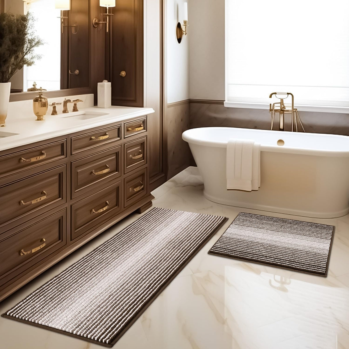 BSICPRO Bathroom Rugs Sets 2 Piece, Non Slip Boho Bath Mats, Beige