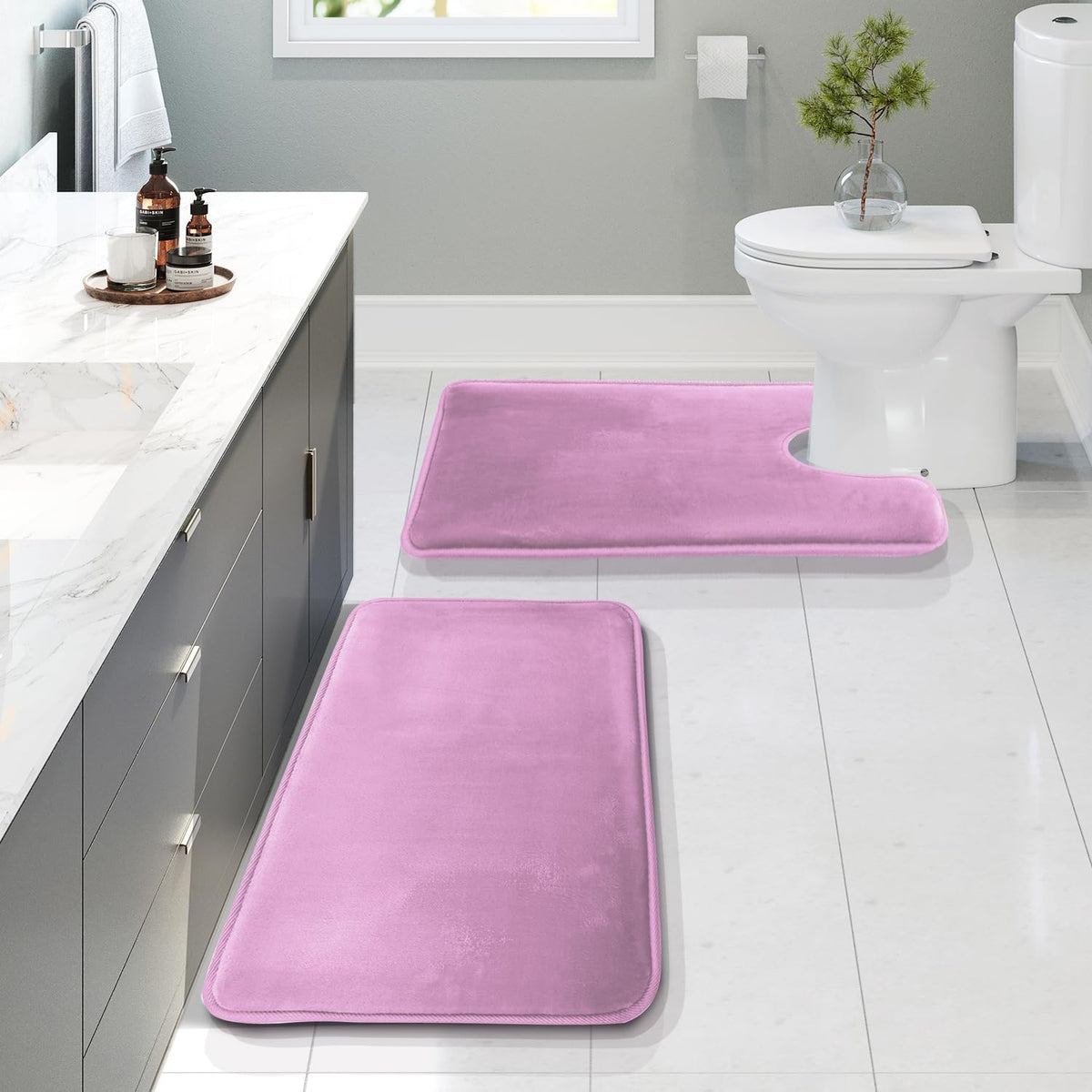 Clara Clark 3 Piece Bathroom Rugs Bath Mat Set, Velvet Memory Foam Bath Mats for Bathroom - Non-Slip, PVC Backing Bath Rugs, Washable - Dries Quickly, Grey