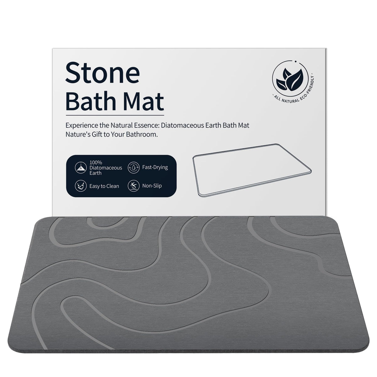 Stone Bath Mat for Bathroom, Diatomaceous Earth Shower Mat, Quick Dry, Grey