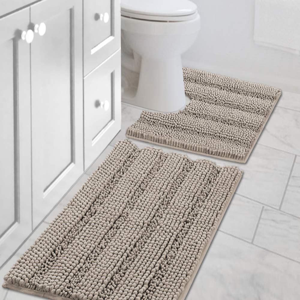 H.VERSAILTEX Bathroom Rugs Bath Rug Set 2 Piece Bathroom Contour Rug Toilet Mat Sets Non Slip Contour Bath Rug Ultra Thick Water Absorbent Striped Bath Mats Washable(47" x 17" Plus 20" x 20" U, Cream)
