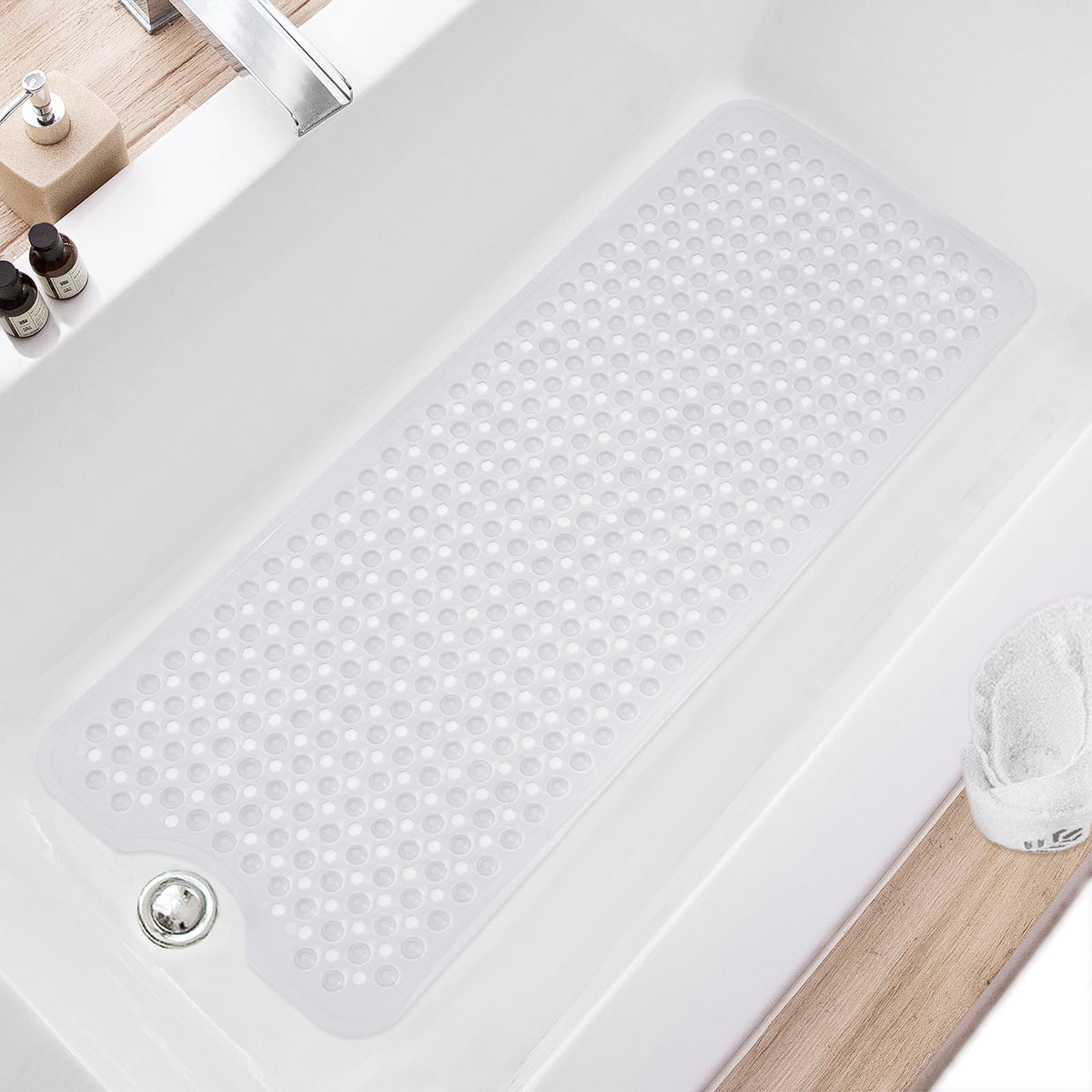 TEESHLY Bath Tub and Shower Mats, Non Slip 40 x 16 Inch Extra Large Bathtub Mat, Machine Washable Bathmat with Drain Holes, Suction Cups for Bathroom Floor, Gray