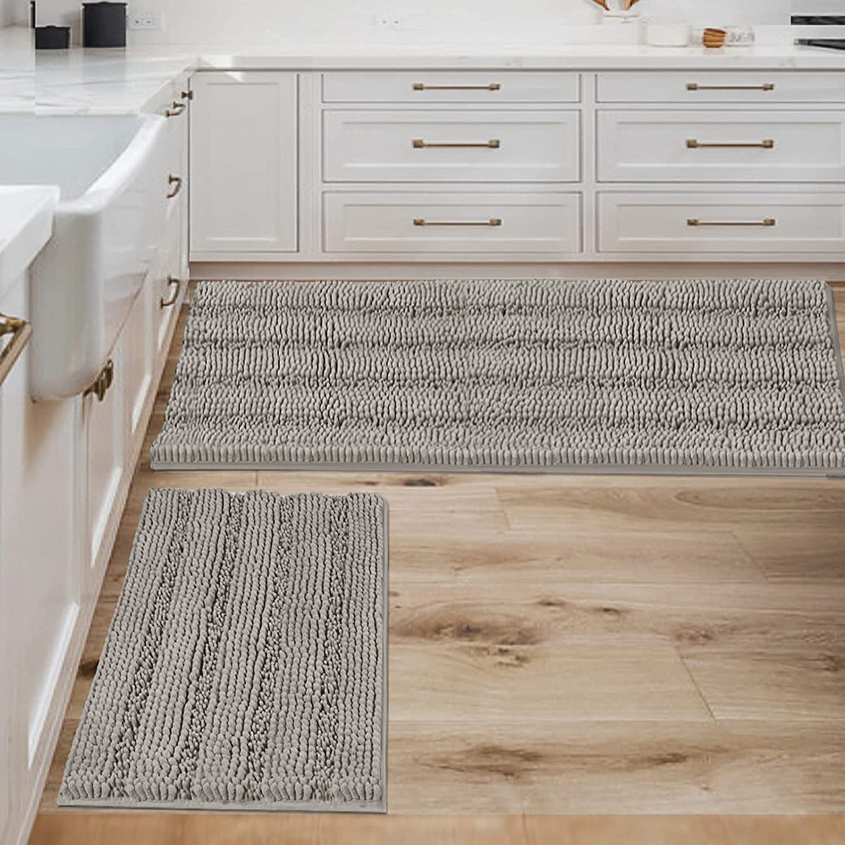 H.VERSAILTEX Bathroom Rugs Bath Rug Set 2 Piece Bathroom Contour Rug Toilet Mat Sets Non Slip Contour Bath Rug Ultra Thick Water Absorbent Striped Bath Mats Washable(47" x 17" Plus 20" x 20" U, Cream)