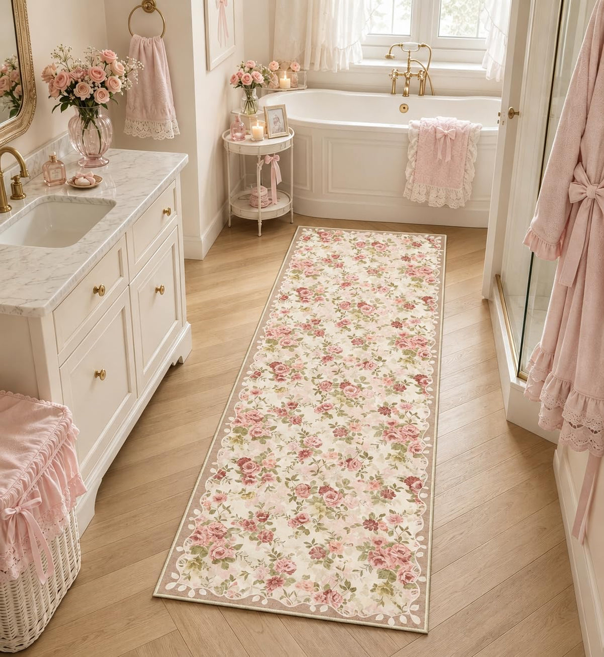 Lahome Floral Pink Bathroom Rug Runners for Hallways Non Slip 2x6