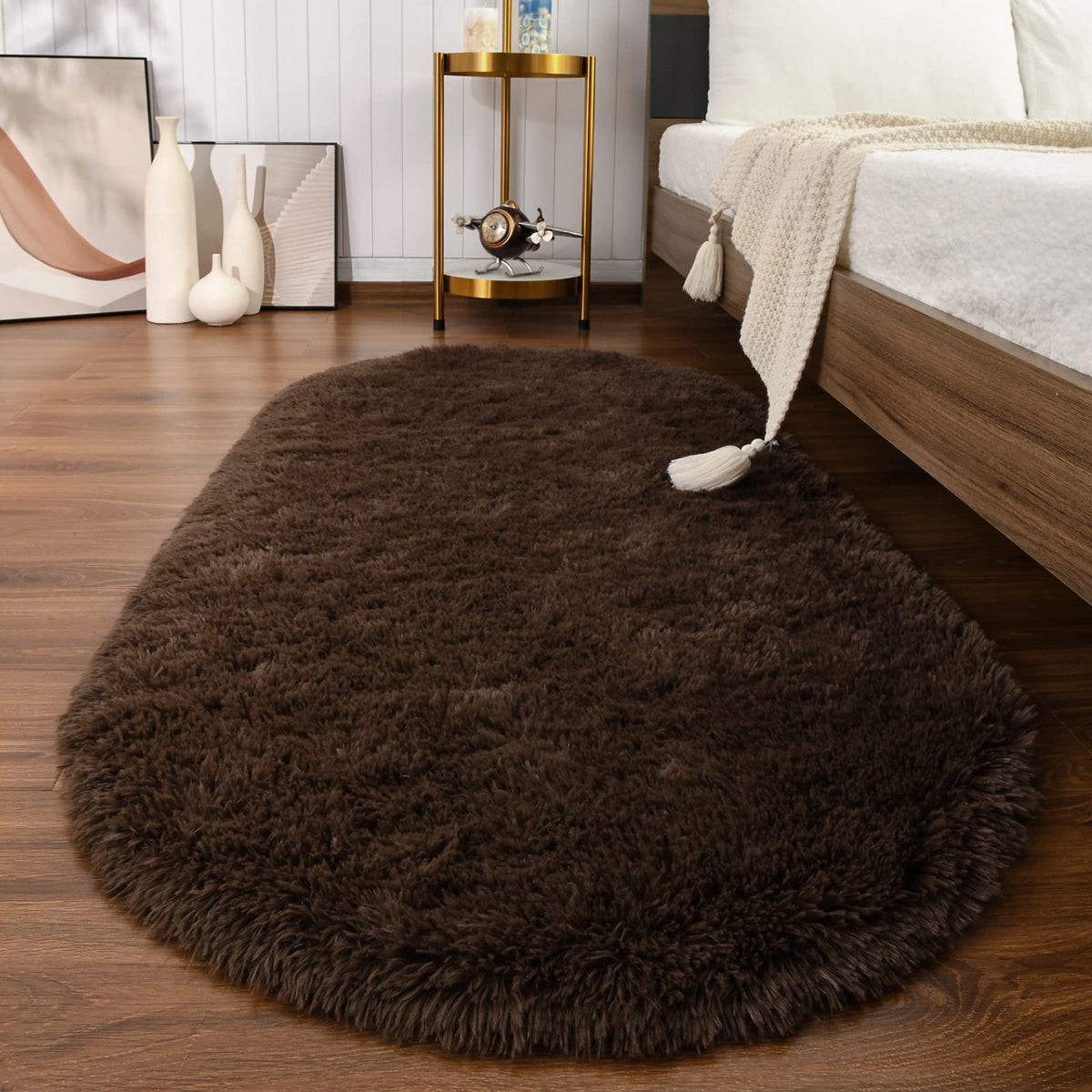 Softlife Fluffy Rugs for Bedroom, Shag Cute Area Rug for Girls/Boys and Kids Baby Room Home Decor, 2.6 x 5.3 Feet Oval Indoor Carpet for Nursery Dorm Living Room, Creamy