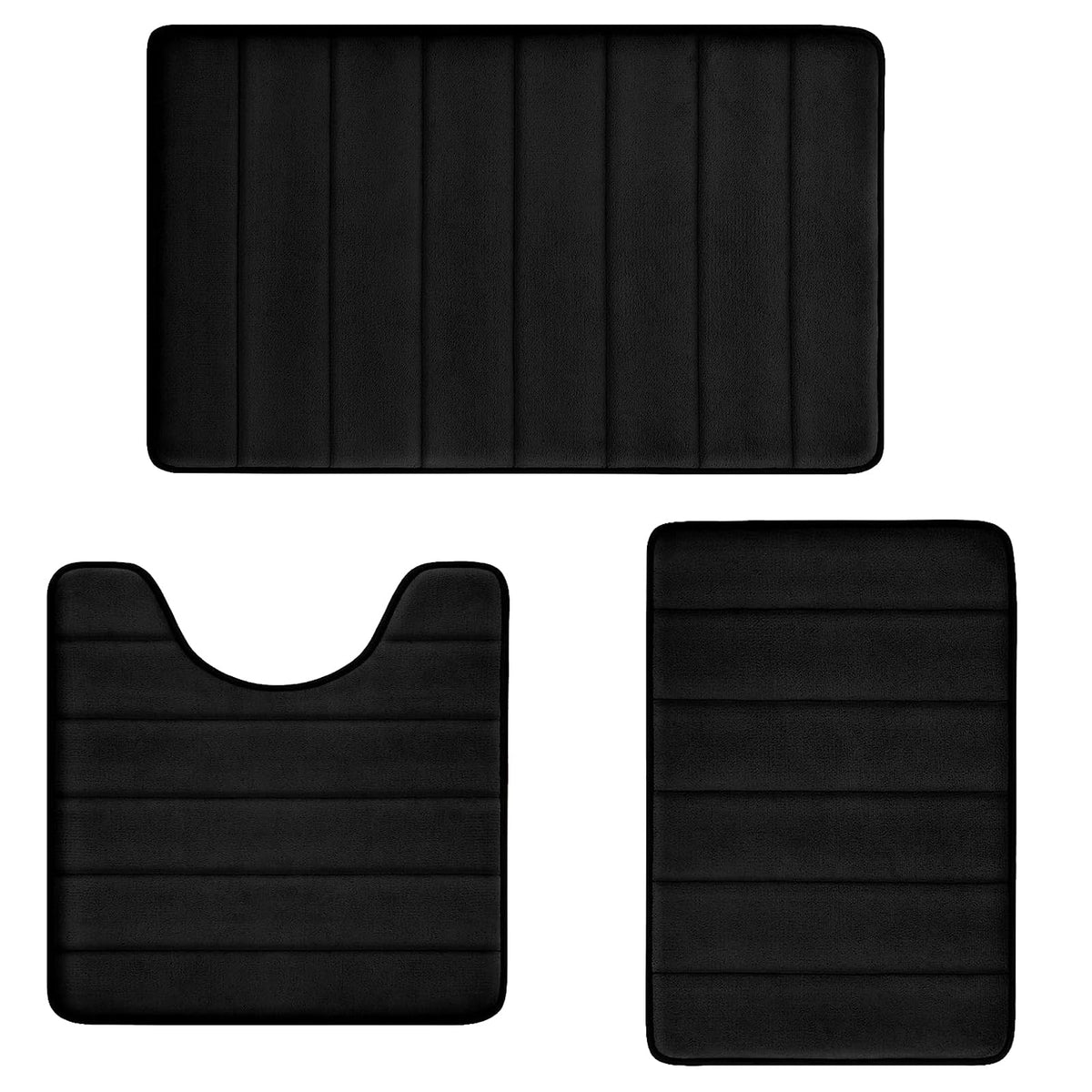 Bathroom Rugs Set Memory Foam Bath Rugs Non-Slip Bath Mat Set 3 Piece,Washable Bathroom Mats,Absorbent Shaggy Rugs Super Soft U-Shaped Toilet Rug,Bahroom Carpets for Bathroom,Tub,Shower（Black）