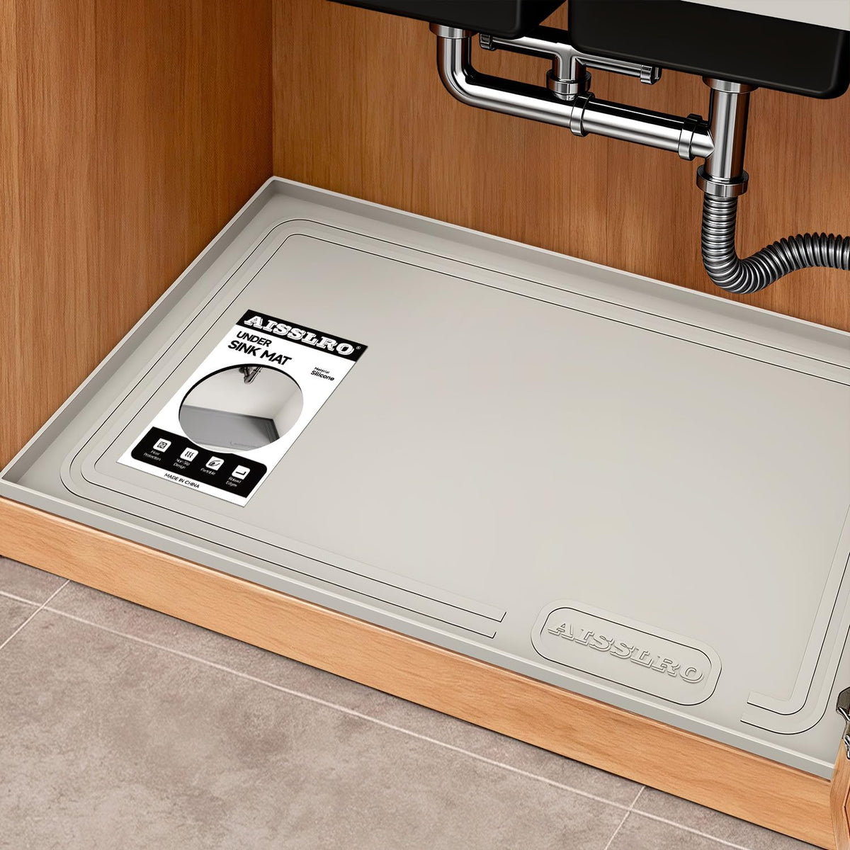 Under Sink Mat 22" X 19", Waterproof Silicone Cabinet Kitchen Liner, Gray