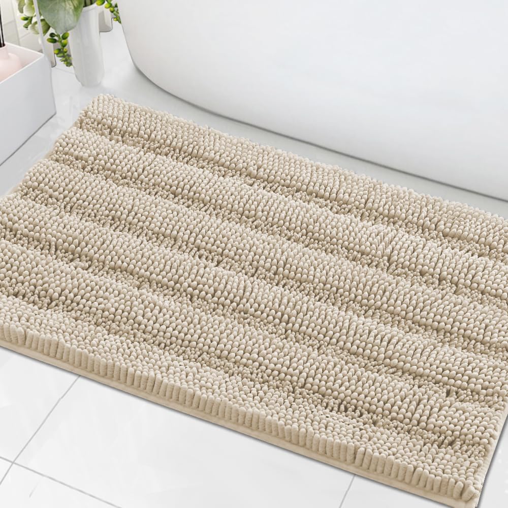H.VERSAILTEX Bathroom Rugs Bath Rug Set 2 Piece Bathroom Contour Rug Toilet Mat Sets Non Slip Contour Bath Rug Ultra Thick Water Absorbent Striped Bath Mats Washable(47" x 17" Plus 20" x 20" U, Cream)