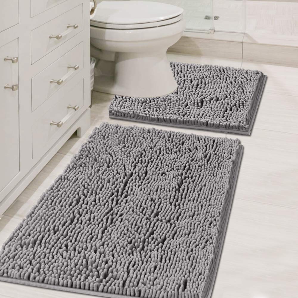 H.VERSAILTEX Bathroom Rugs Luxury Chenille Mat Set, Soft Plush Shower Rug + Toilet Mat, Microfiber Shaggy Carpet, Super Absorbent, Machine Washable (Curved Set, 32" x 20"/20" x 20", Loden)