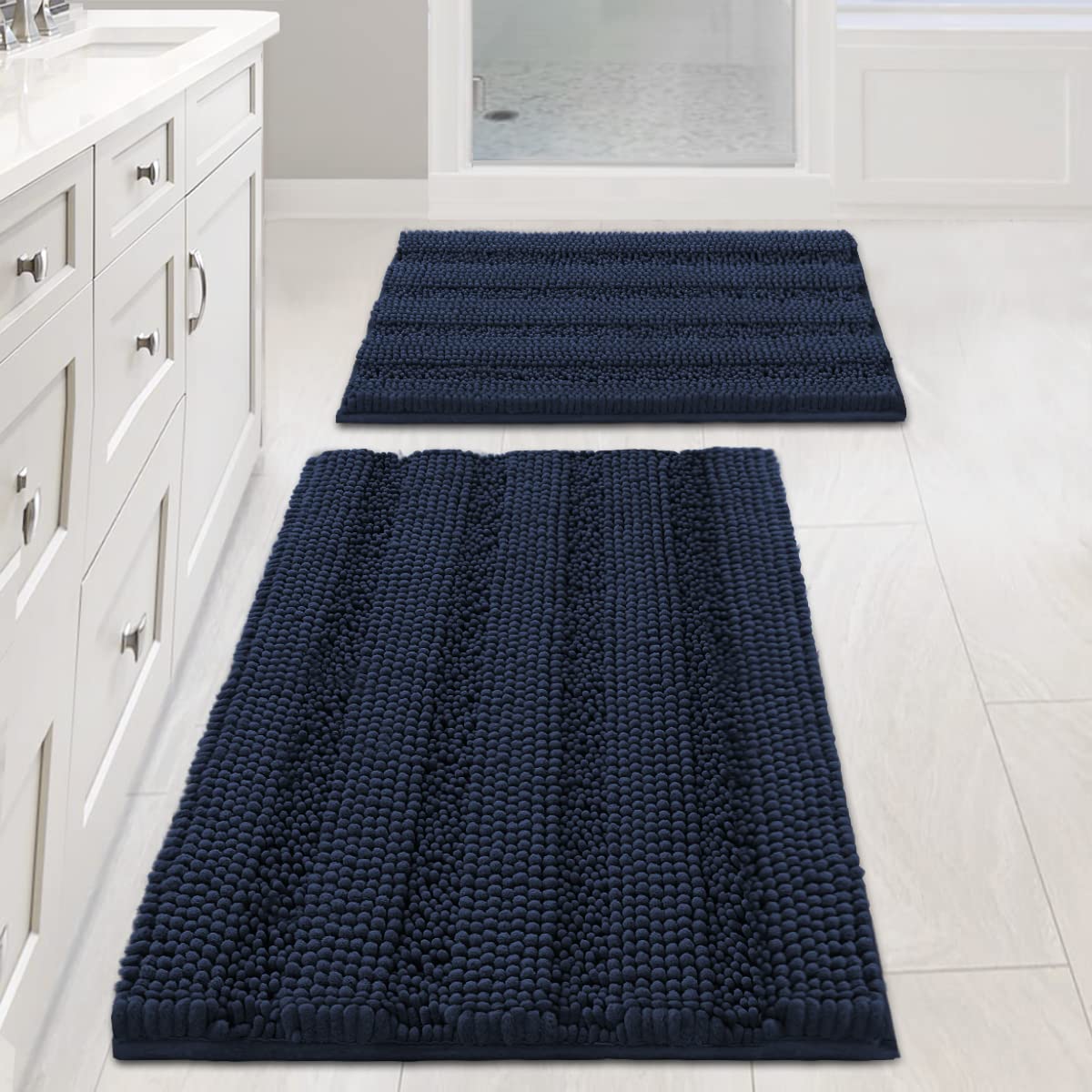 H.VERSAILTEX Bathroom Rugs Bath Rug Set 2 Piece Bathroom Contour Rug Toilet Mat Sets Non Slip Contour Bath Rug Ultra Thick Water Absorbent Striped Bath Mats Washable(47" x 17" Plus 20" x 20" U, Cream)