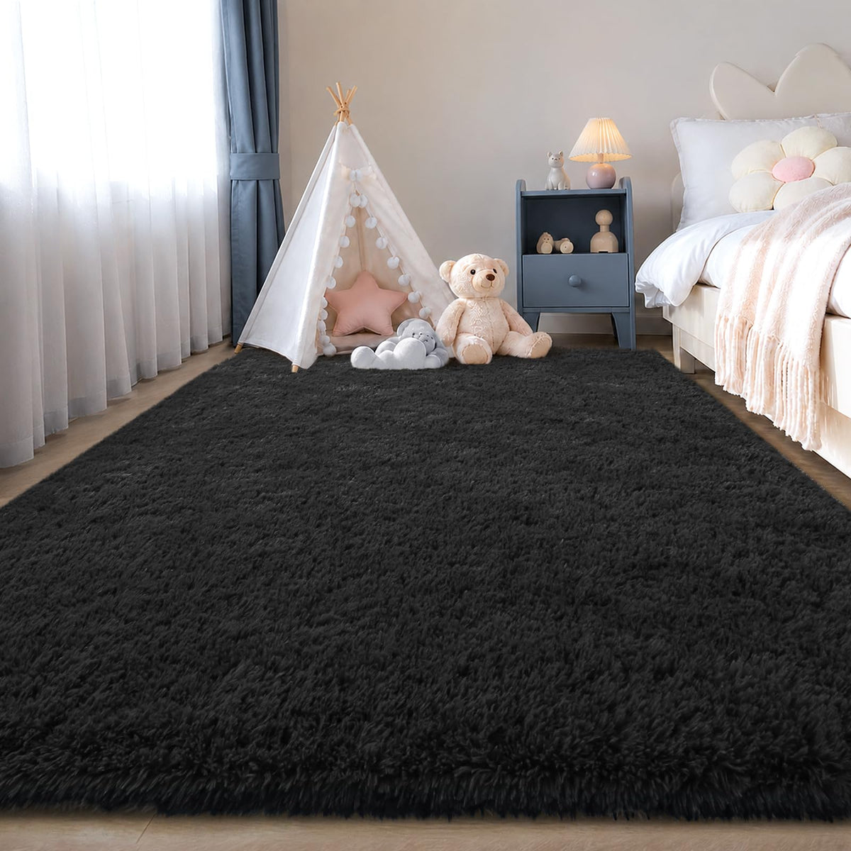 Zentavio 2x6 Runner Rugs for Hallway Shag Soft Bedroom Bedside Rugs Non Slip Fluffy Carpet for Kids Girls Boys Home Decor Aesthetic Dorm Nursery Tie-Dyed Black Grey