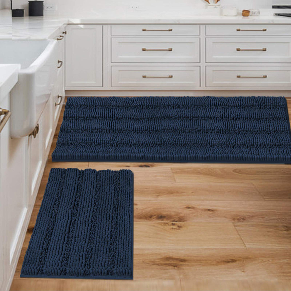 H.VERSAILTEX Bathroom Rugs Bath Rug Set 2 Piece Bathroom Contour Rug Toilet Mat Sets Non Slip Contour Bath Rug Ultra Thick Water Absorbent Striped Bath Mats Washable(47" x 17" Plus 20" x 20" U, Cream)
