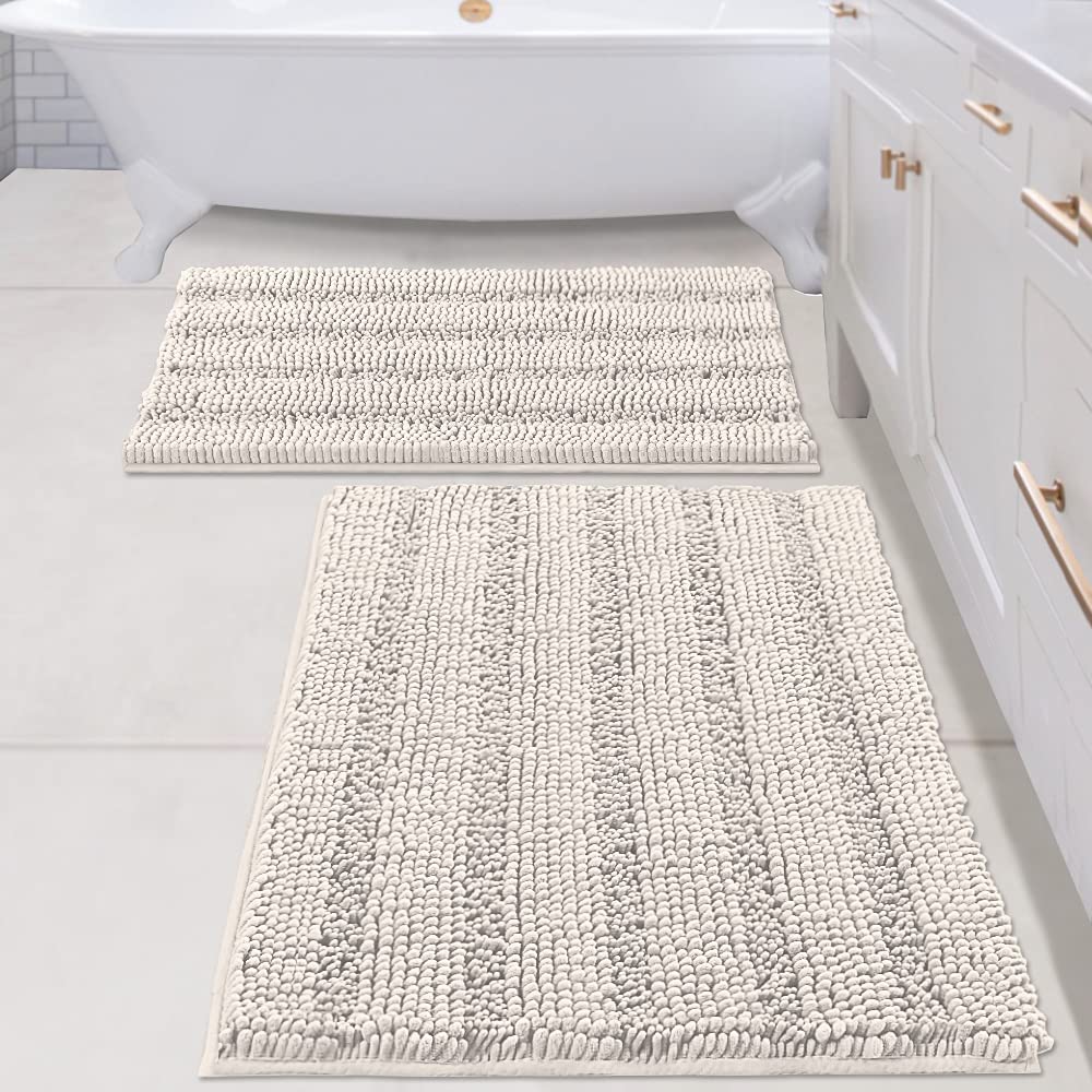 H.VERSAILTEX Bathroom Rugs Bath Rug Set 2 Piece Bathroom Contour Rug Toilet Mat Sets Non Slip Contour Bath Rug Ultra Thick Water Absorbent Striped Bath Mats Washable(47" x 17" Plus 20" x 20" U, Cream)