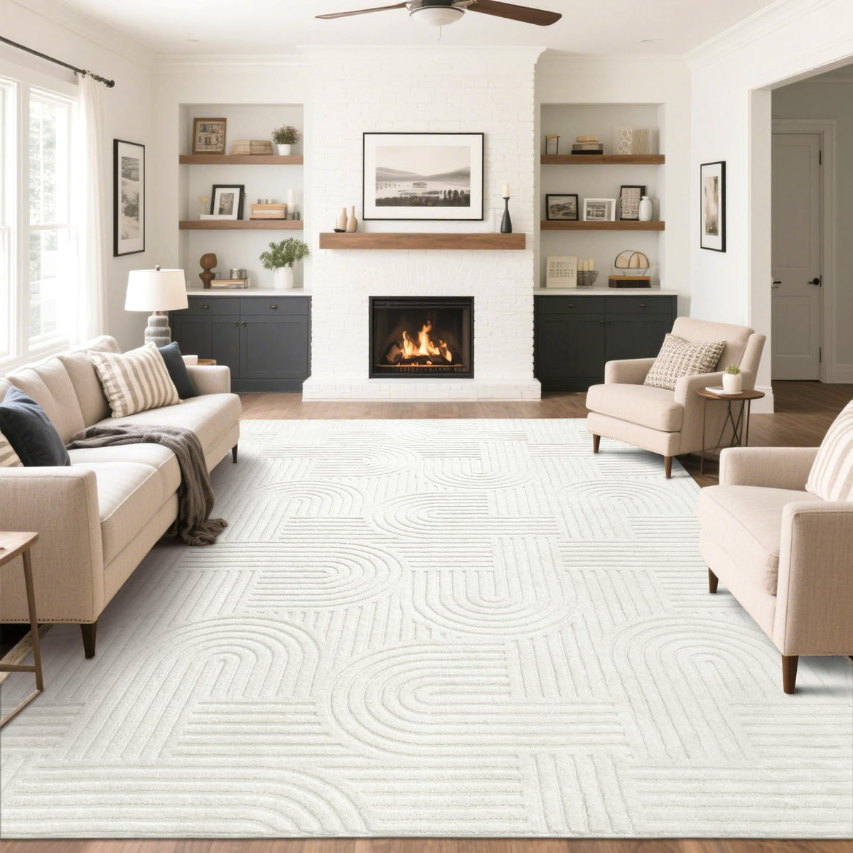 SHACOS Soft Fluffy Arch Pattern Area Rug 2'7"x5' Non Slip Washable Minimalist Modern High-Low Geometric Carpet for Living Room Kitchen Bedroom Bathroom, Beige