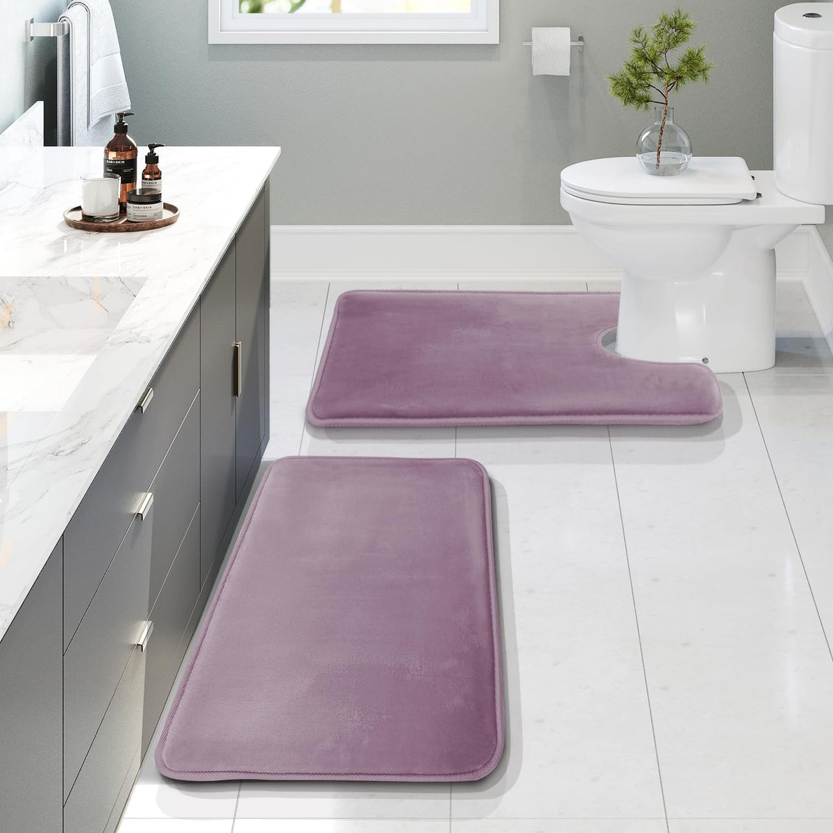 Clara Clark 3 Piece Bathroom Rugs Bath Mat Set, Velvet Memory Foam Bath Mats for Bathroom - Non-Slip, PVC Backing Bath Rugs, Washable - Dries Quickly, Grey