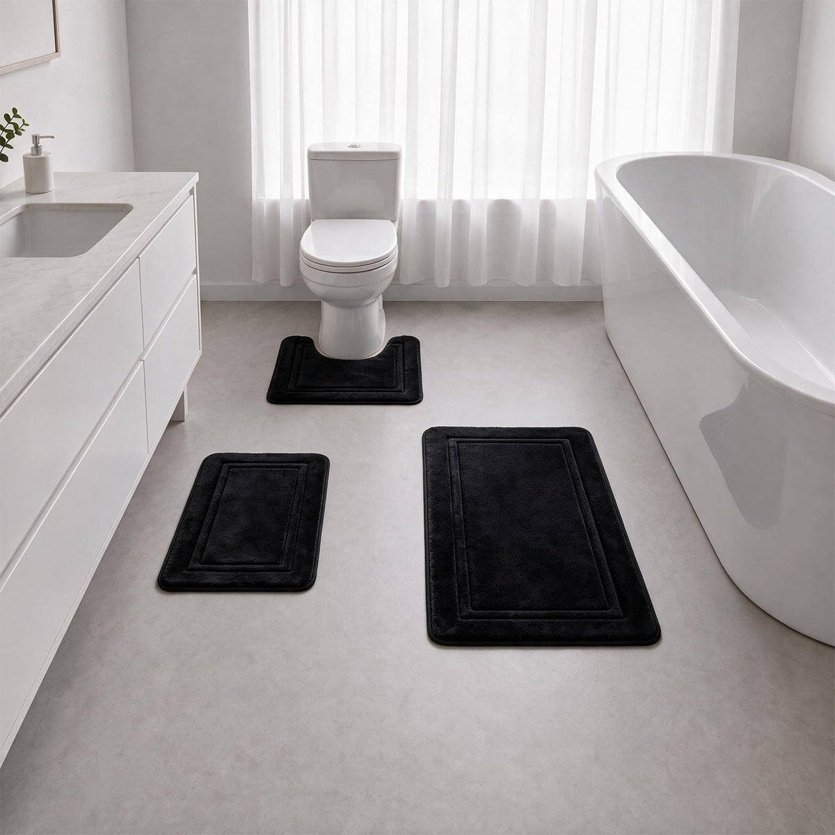 Bathroom Rugs Set 3 Piece, Bordered Memory Foam With Toilet Mats Dark Gray