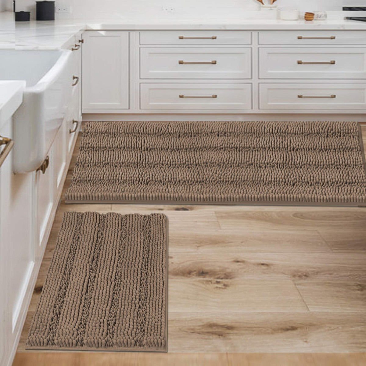 H.VERSAILTEX Bathroom Rugs Bath Rug Set 2 Piece Bathroom Contour Rug Toilet Mat Sets Non Slip Contour Bath Rug Ultra Thick Water Absorbent Striped Bath Mats Washable(47" x 17" Plus 20" x 20" U, Cream)