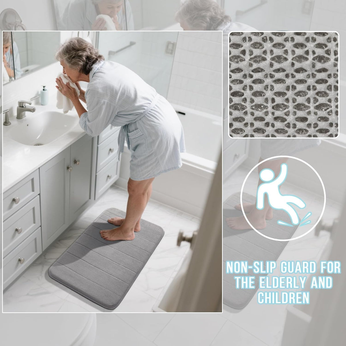 Yimobra Memory Foam Bath Mat Set 3 Pieces- Super Soft Absorbent Quick Dry Bathroom Rug Sets, Machine Washable Non Slip Floor Carpet for Tub Shower, Vanity & Toilet Base, Gray