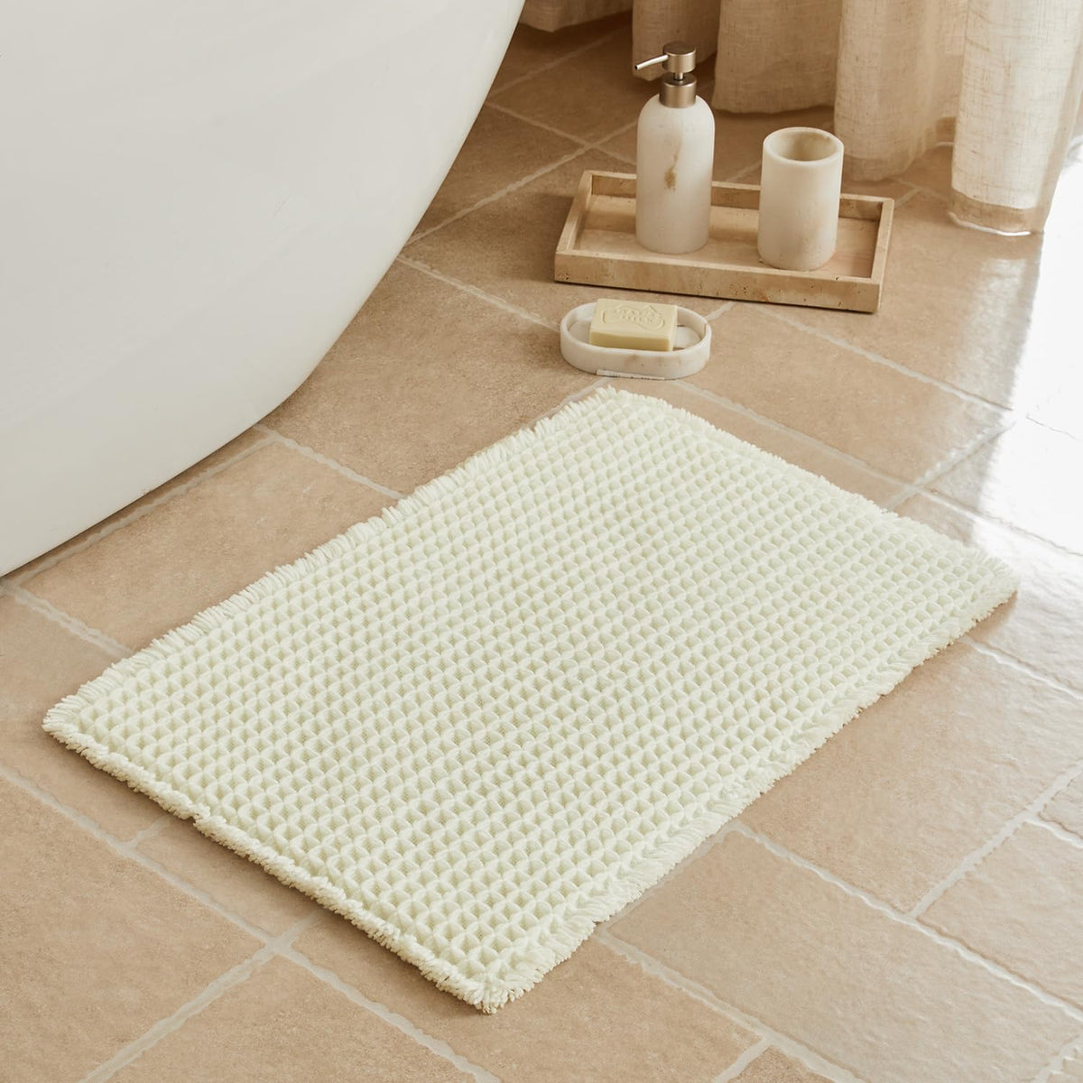 Triohero Waffle Bath Mat, Small Boho Bathroom Rugs Non Slip, 16x24 Khaki