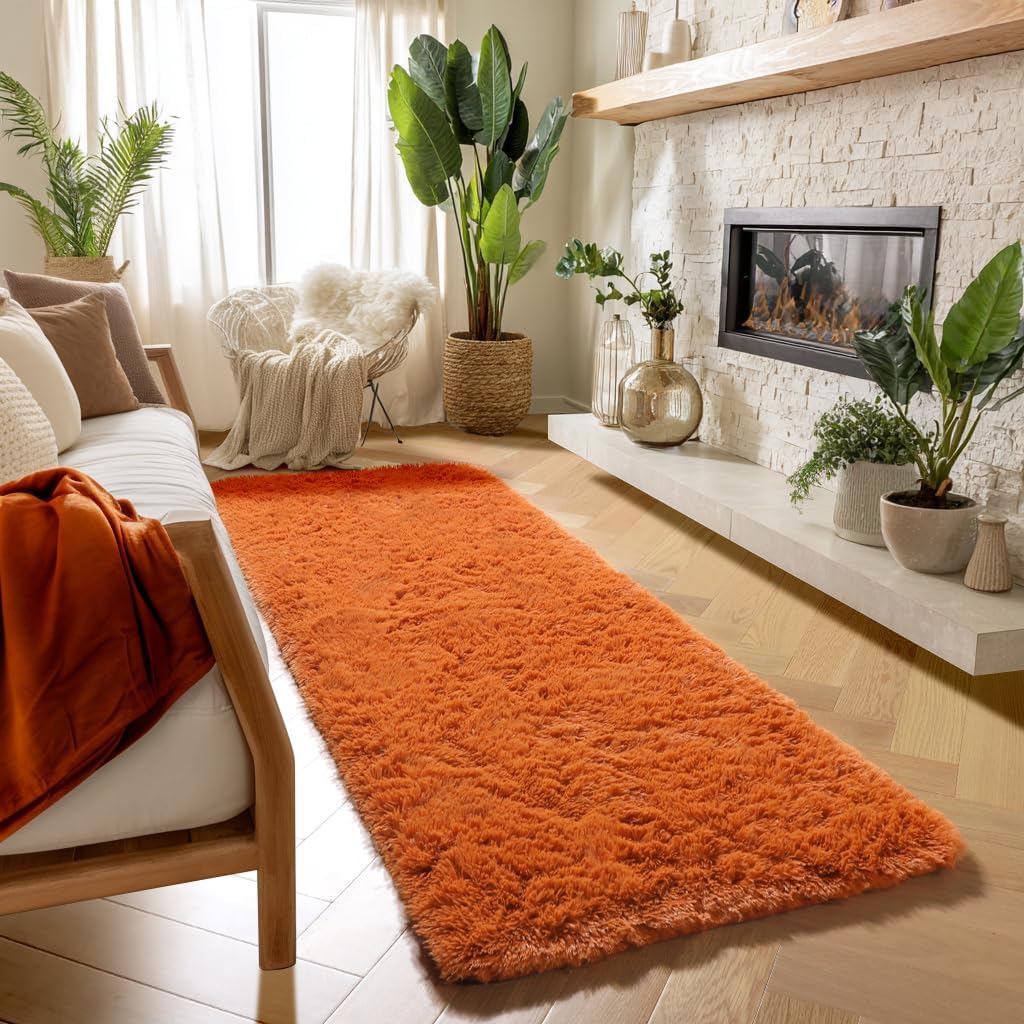Amdrebio Burnt Orange Fall Shag Runner Area Rug 2x6 for Bedroom Living Room