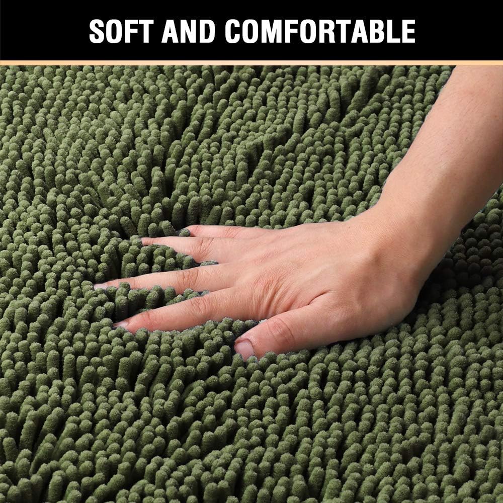 H.VERSAILTEX Bathroom Rugs Luxury Chenille Mat Set, Soft Plush Shower Rug + Toilet Mat, Microfiber Shaggy Carpet, Super Absorbent, Machine Washable (Curved Set, 32" x 20"/20" x 20", Loden)