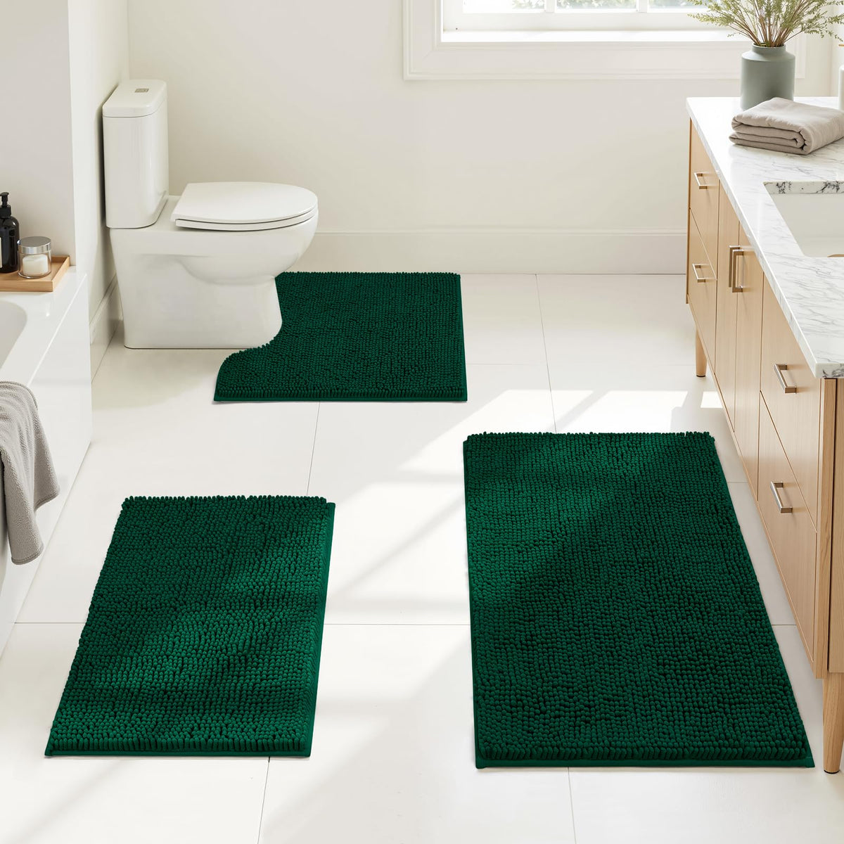 HOMEIDEAS Grey Chenille Bathroom Rugs Set of 3, Non Slip Bath Mat